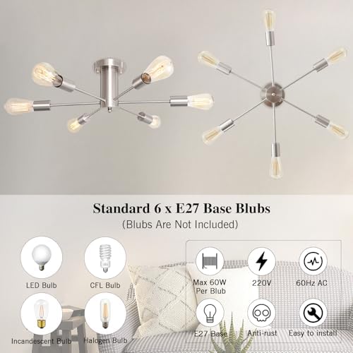 MRHYSWD Sputnik Ceiling Light | 6-Light Brushed Nickel Flush Mount
