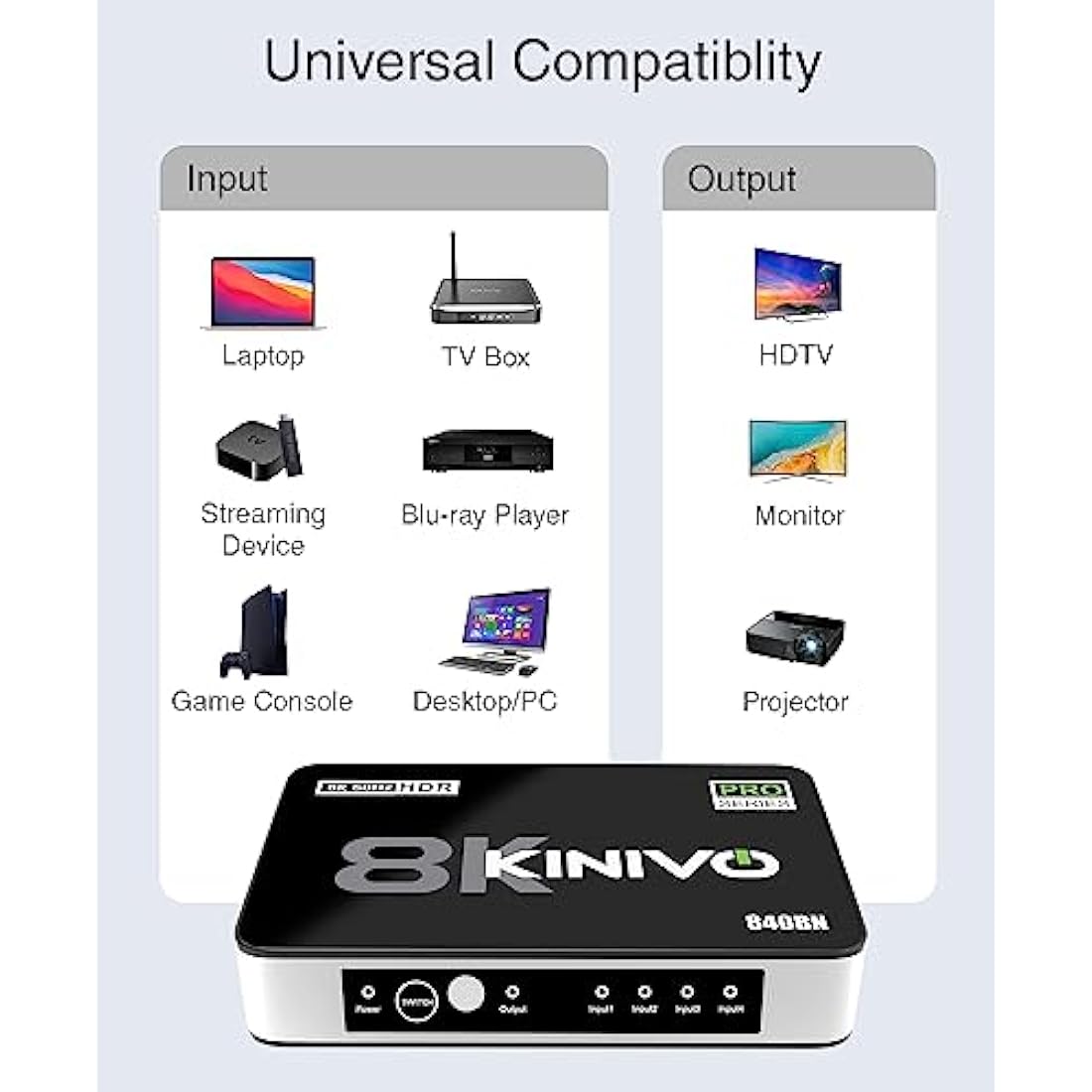 Kinivo 8K HDMI 2.1 Switch - 4 Port 4K 120Hz Hub with Remote for PS5 & Xbox