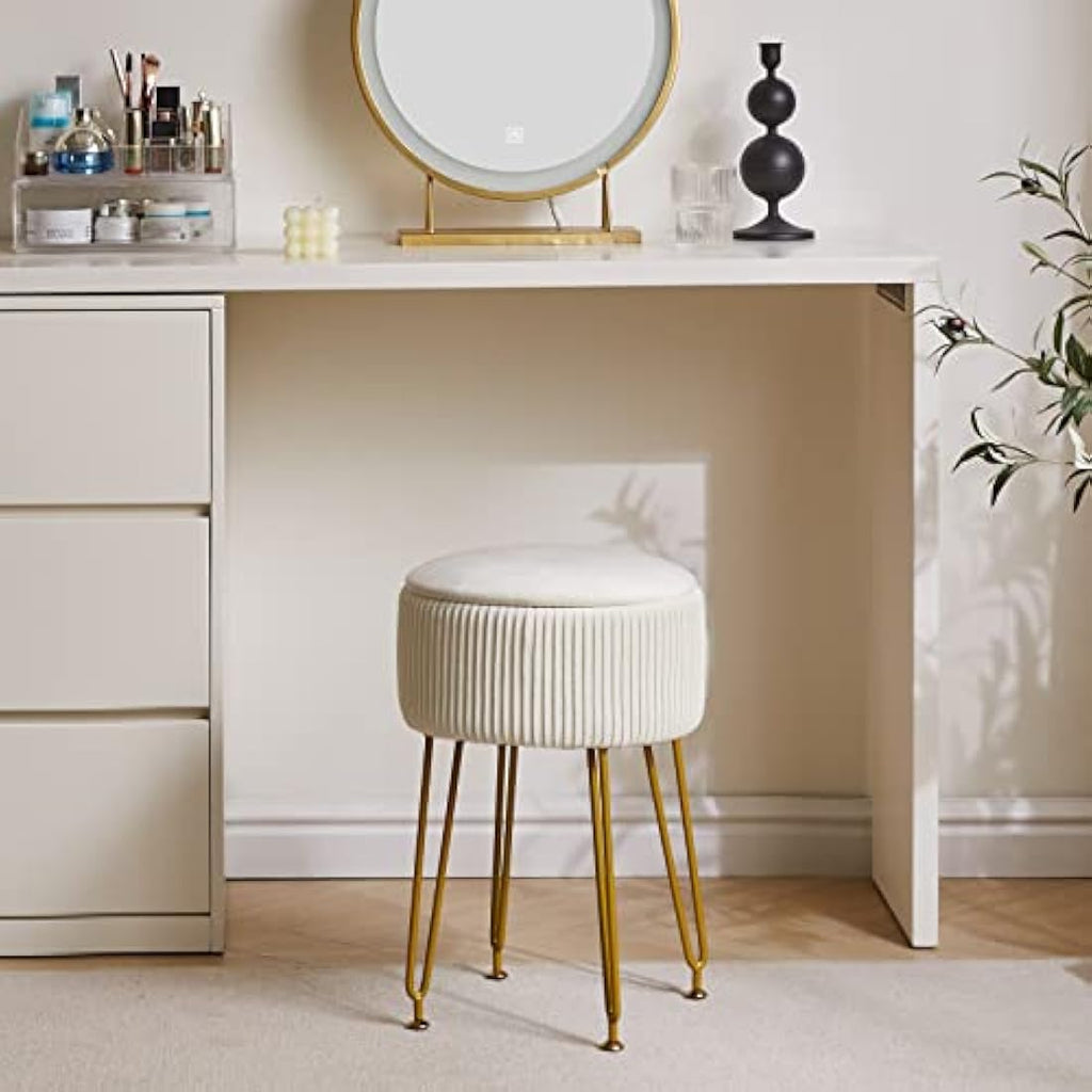 IBUYKE Velvet Storage Ottoman Stool | Vanity Chair with Gold Legs, Cream