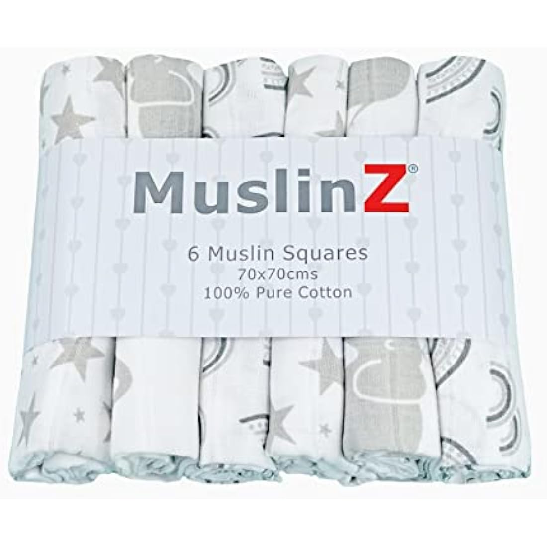 MuslinZ 100% Cotton Muslin Squares – 6 Pack Grey Prints (70x70cm)