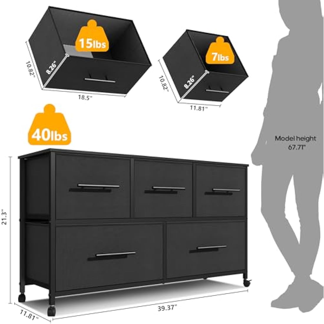 Jolof Store 5-Drawer Fabric Dresser | Rolling Storage Chest for Bedroom