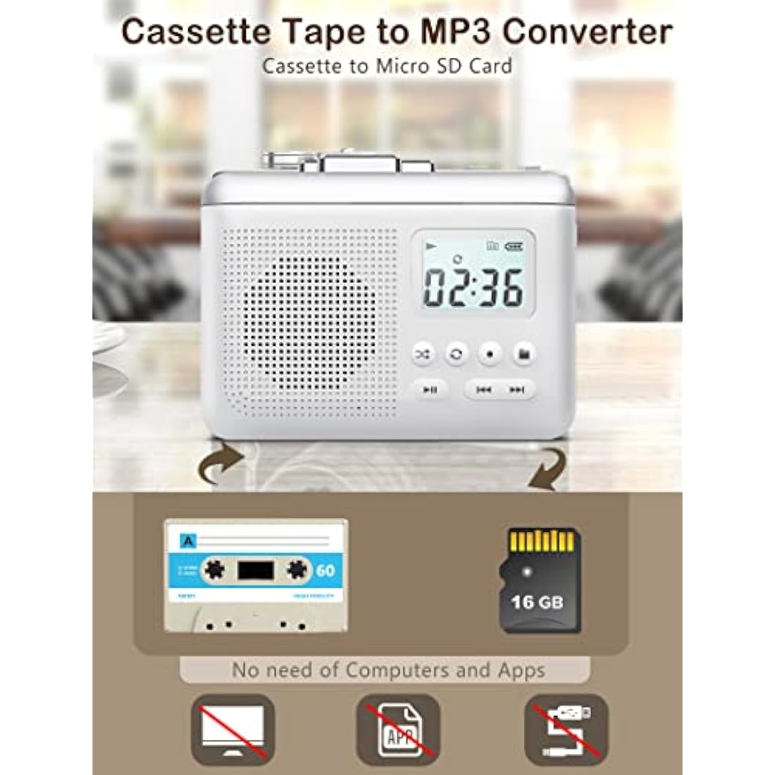 Gracioso Portable Cassette Player | Tape to MP3 Converter with SD Card