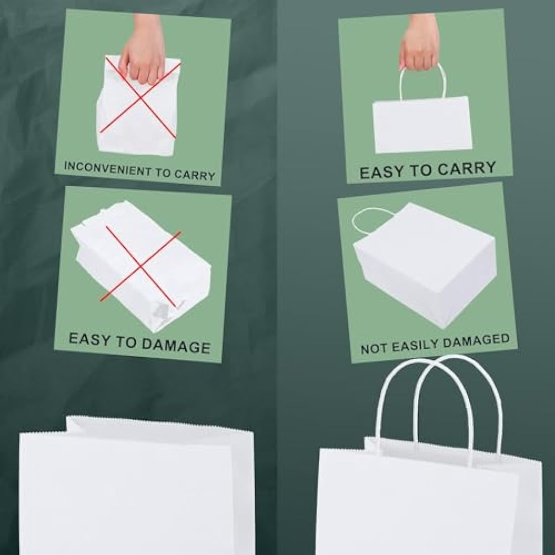 Switory White Kraft Paper Gift Bags with Handles - 50 Pack, 8x4.75x10.5 Inch