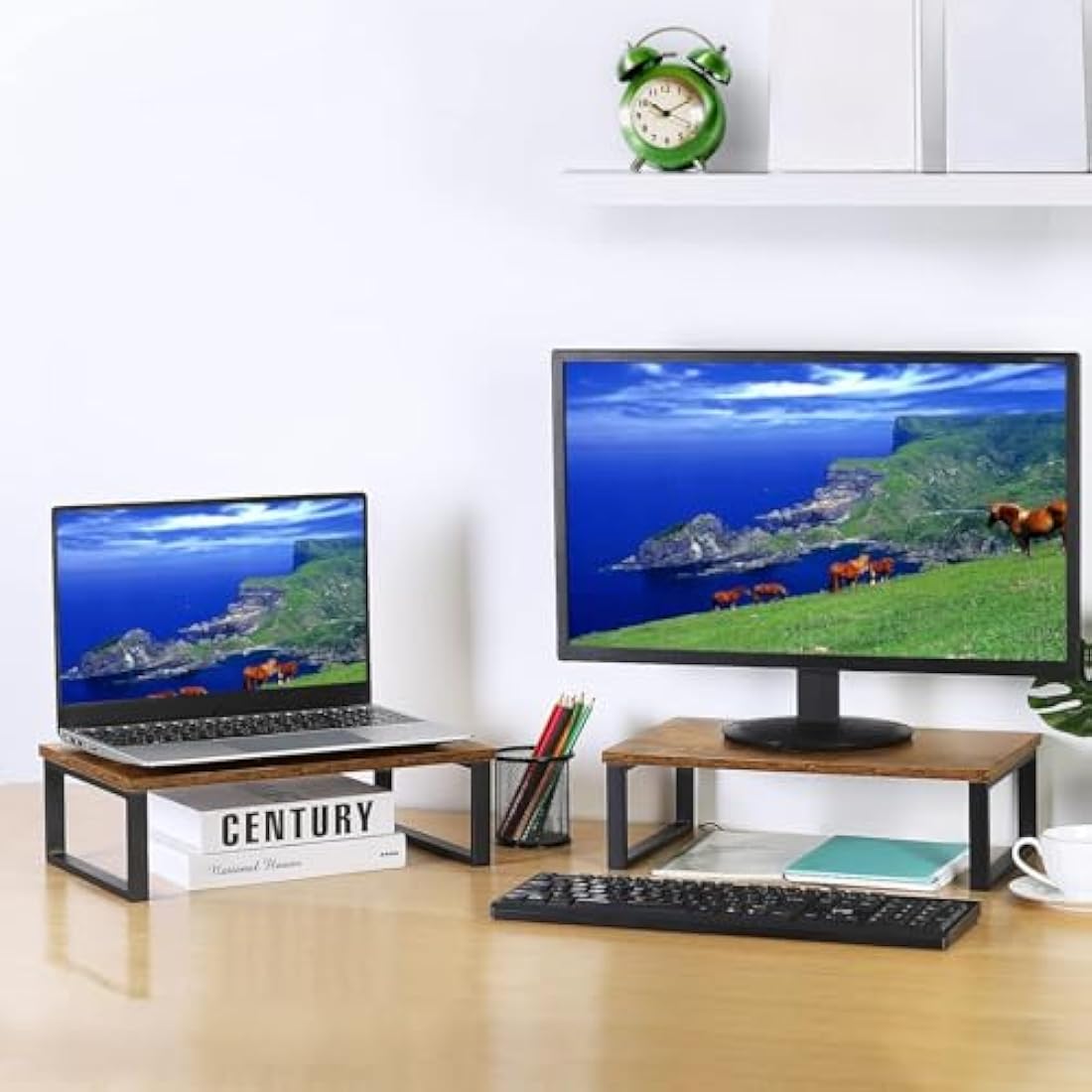 NORCEESAN Wood Monitor Stand Riser 2 Pack | Vintage Desktop Organizer