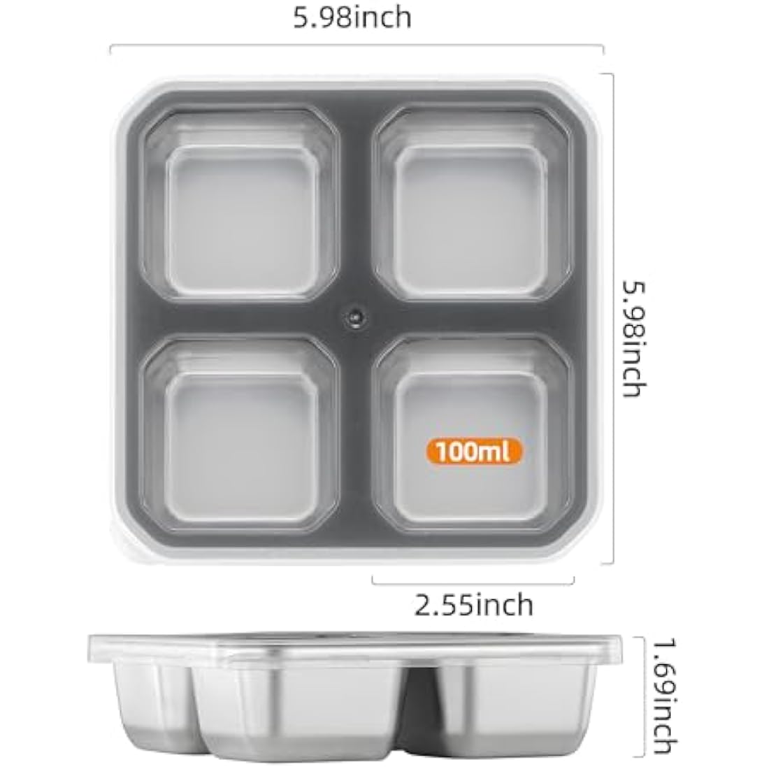 Misichao Stainless Steel 4-Compartment Snack Boxes - 4 Pack Grey
