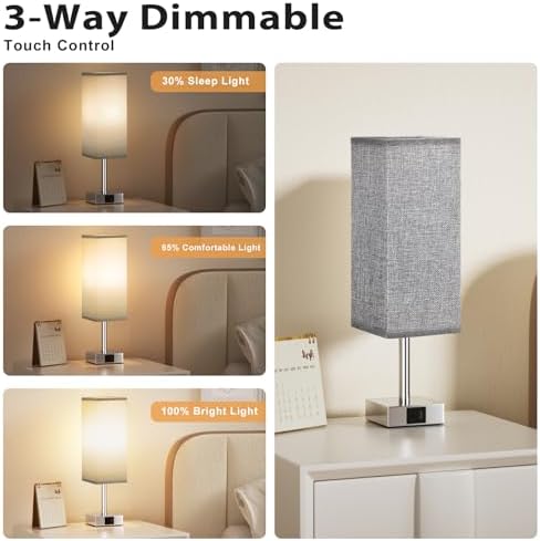Aooshine Touch Bedside Lamps Set of 2 | 3-Way Dimmable USB-C Table Lamps