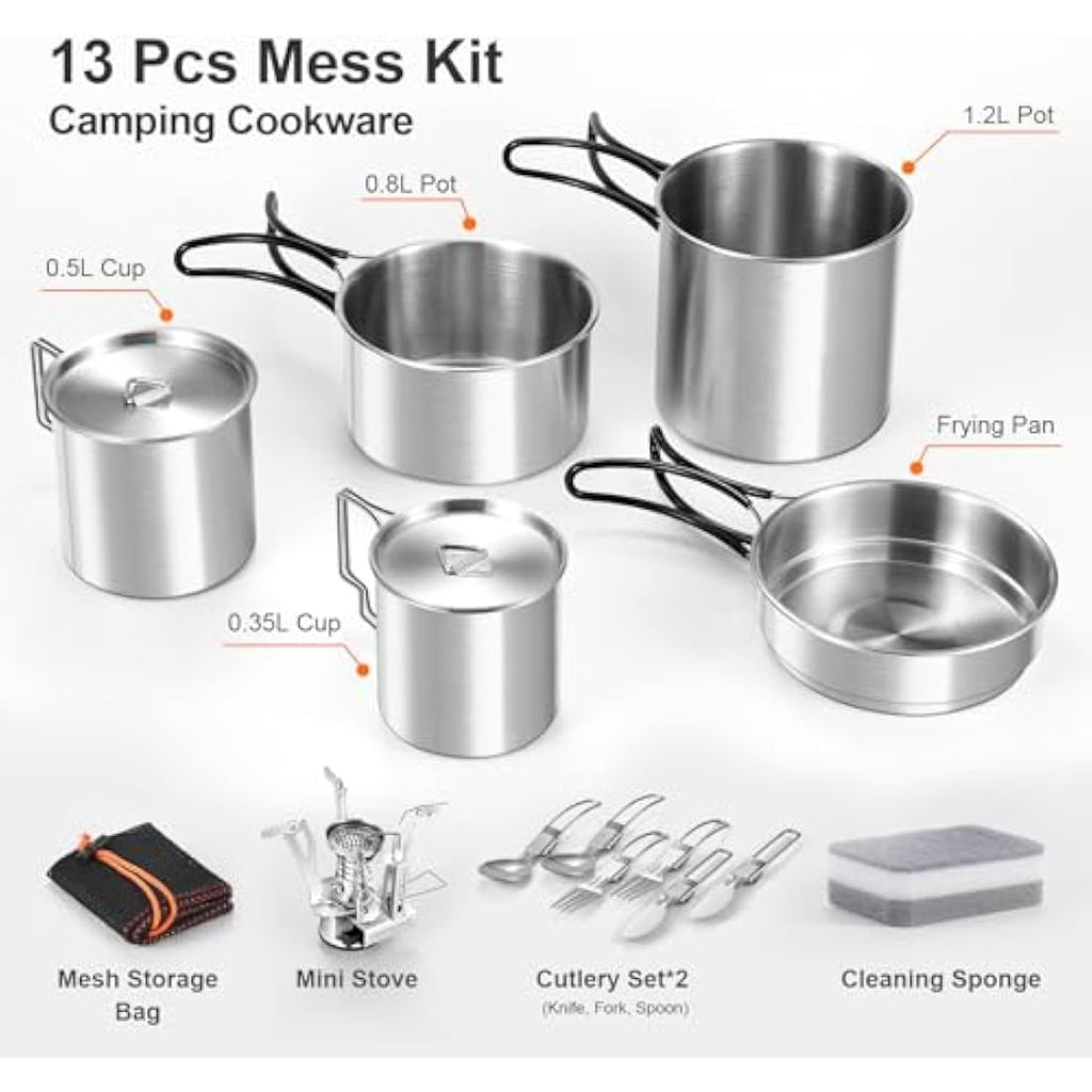Odoland 13-Piece Stainless Steel Camping Cookware Kit with Stove