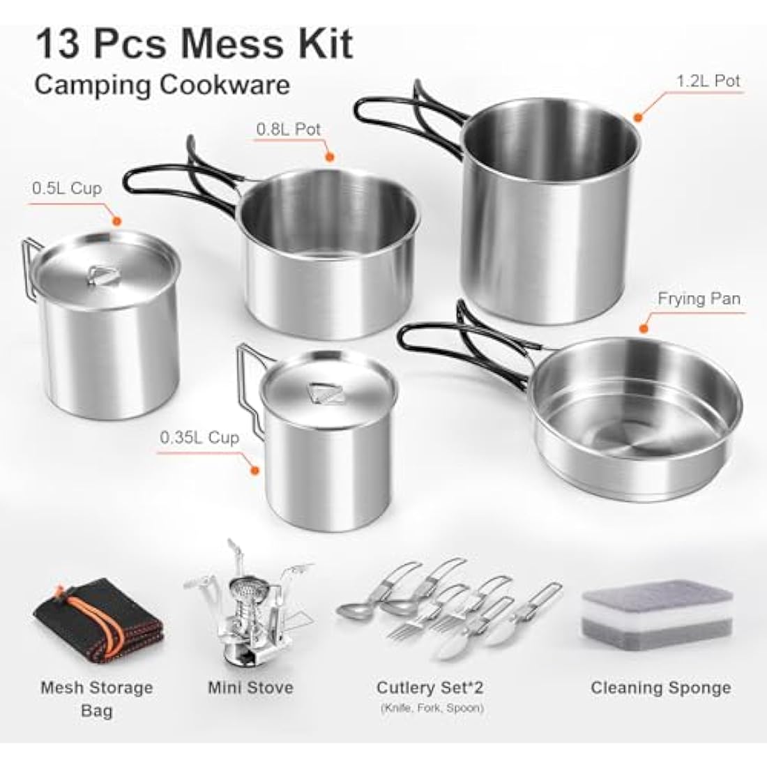 Odoland 13-Piece Stainless Steel Camping Cookware Kit with Stove