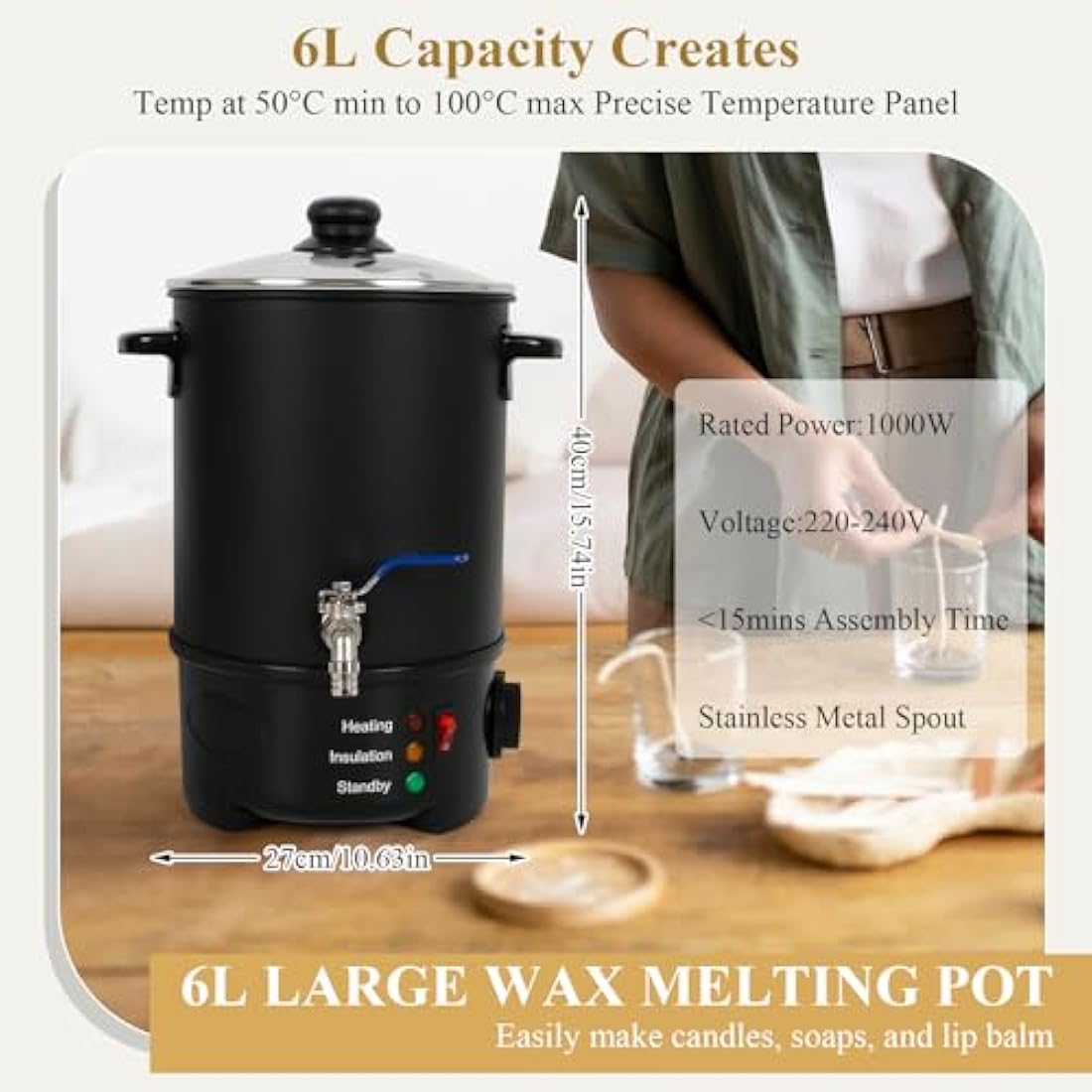 6L Electric Wax Melter – 1000W Candle Making Pot with Spout