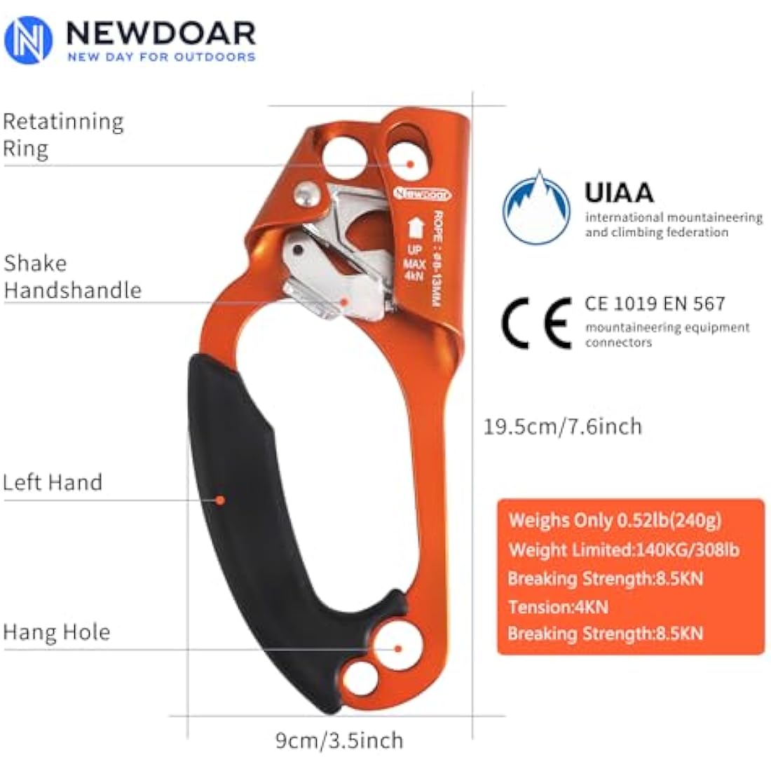 NewDoar Hand Ascender – UIAA Certified Rock Climbing Rope Clamp 8-13mm