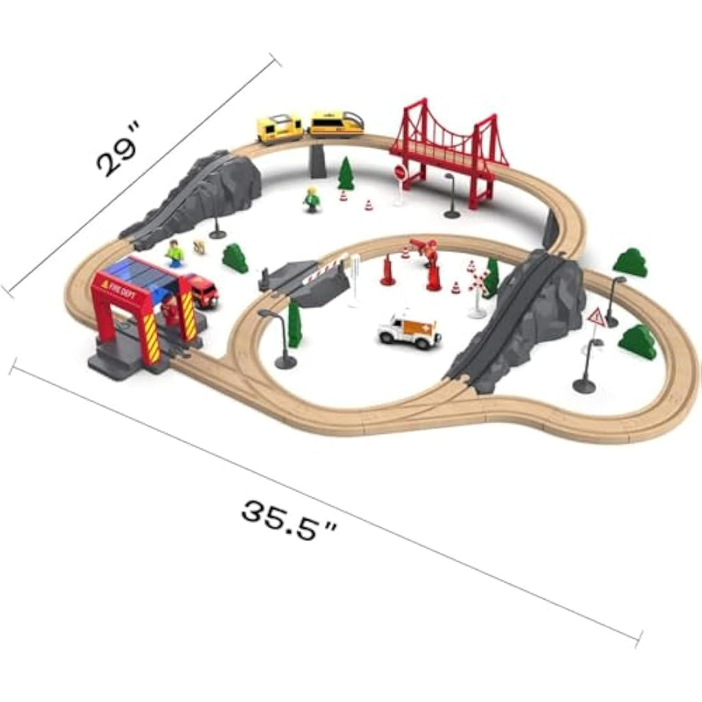 Giant Bean 72-Piece Wooden Train Set | Fire Station Toy Railway Kit