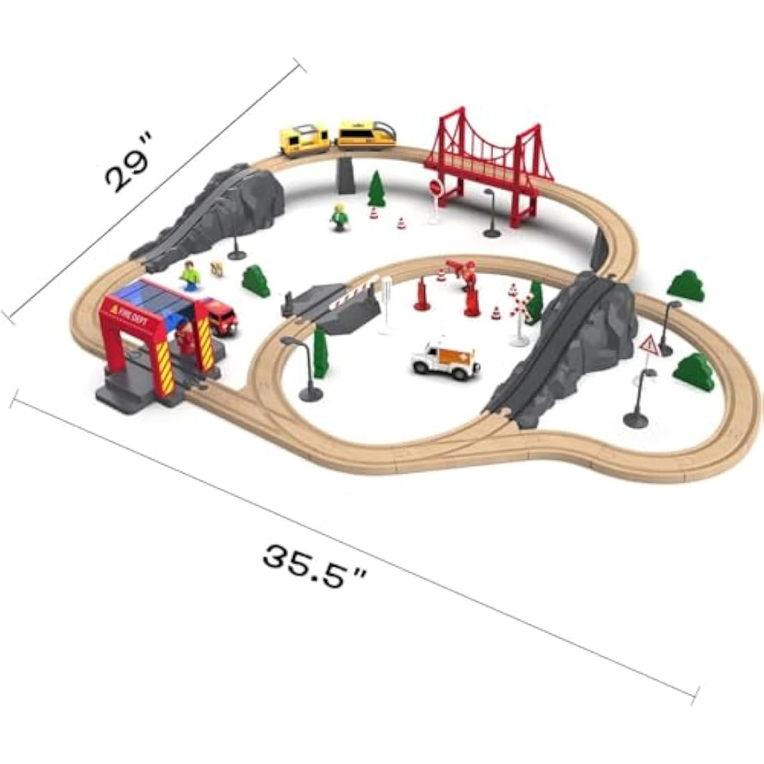 Giant Bean 72-Piece Wooden Train Set | Fire Station Toy Railway Kit