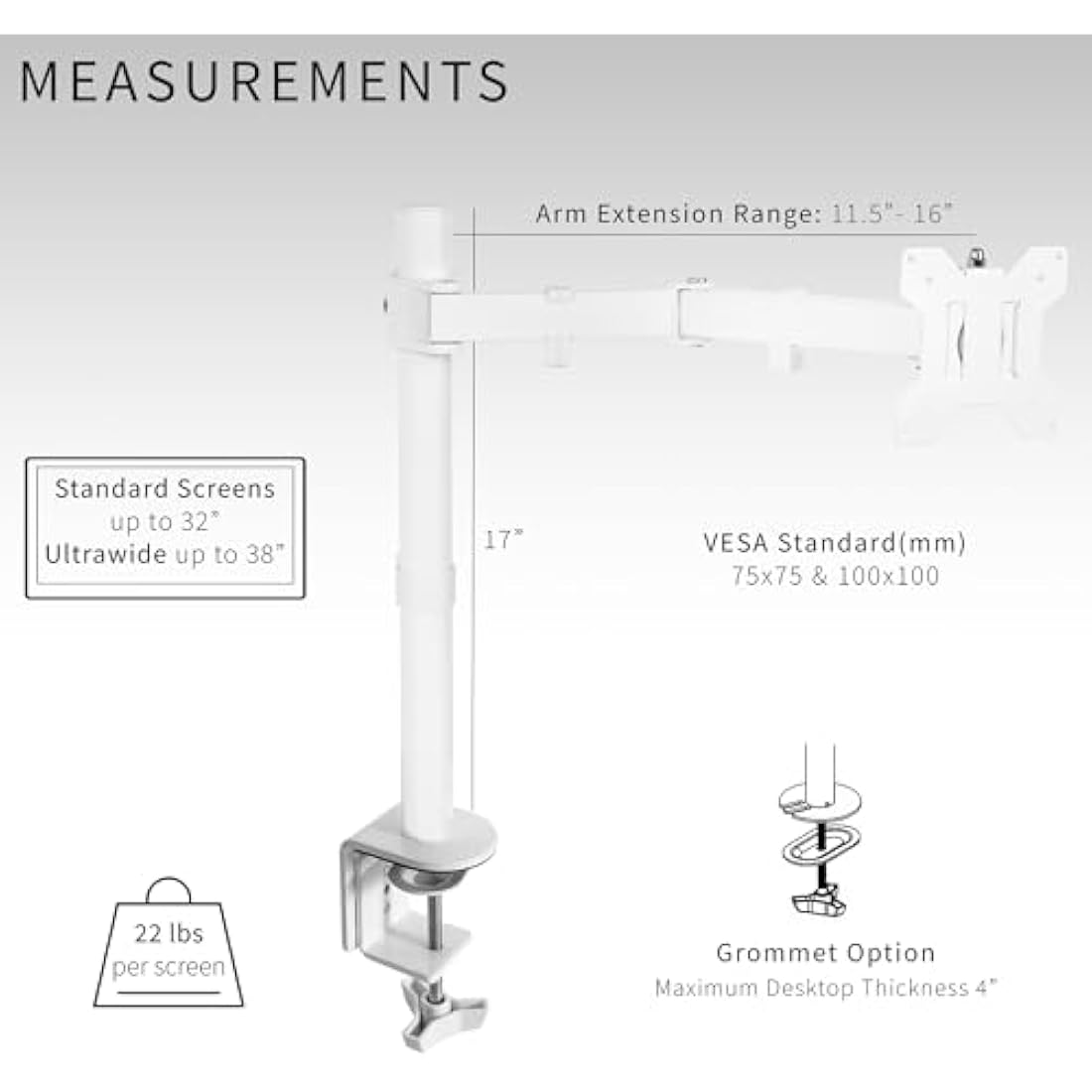 VIVO Single Monitor Arm Mount for 32-38 inch Screens, White | STAND-V001W