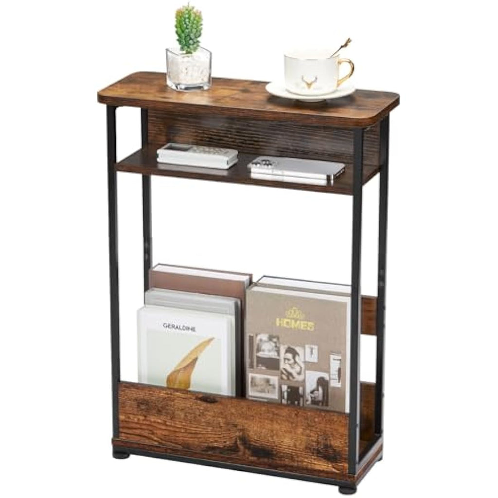Jolof Store Narrow Side Table – Industrial Nightstand with Magazine Rack
