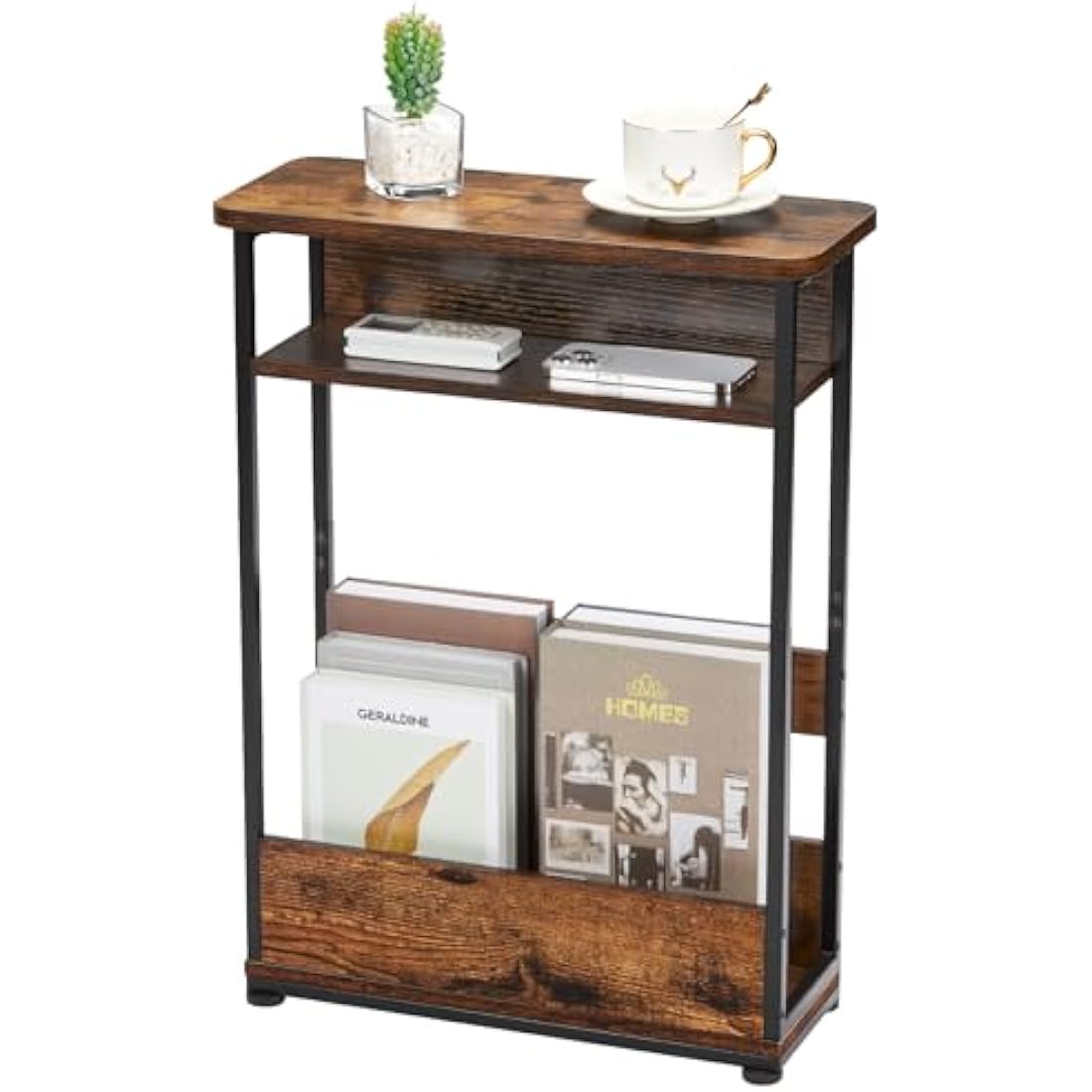 Jolof Store Narrow Side Table – Industrial Nightstand with Magazine Rack