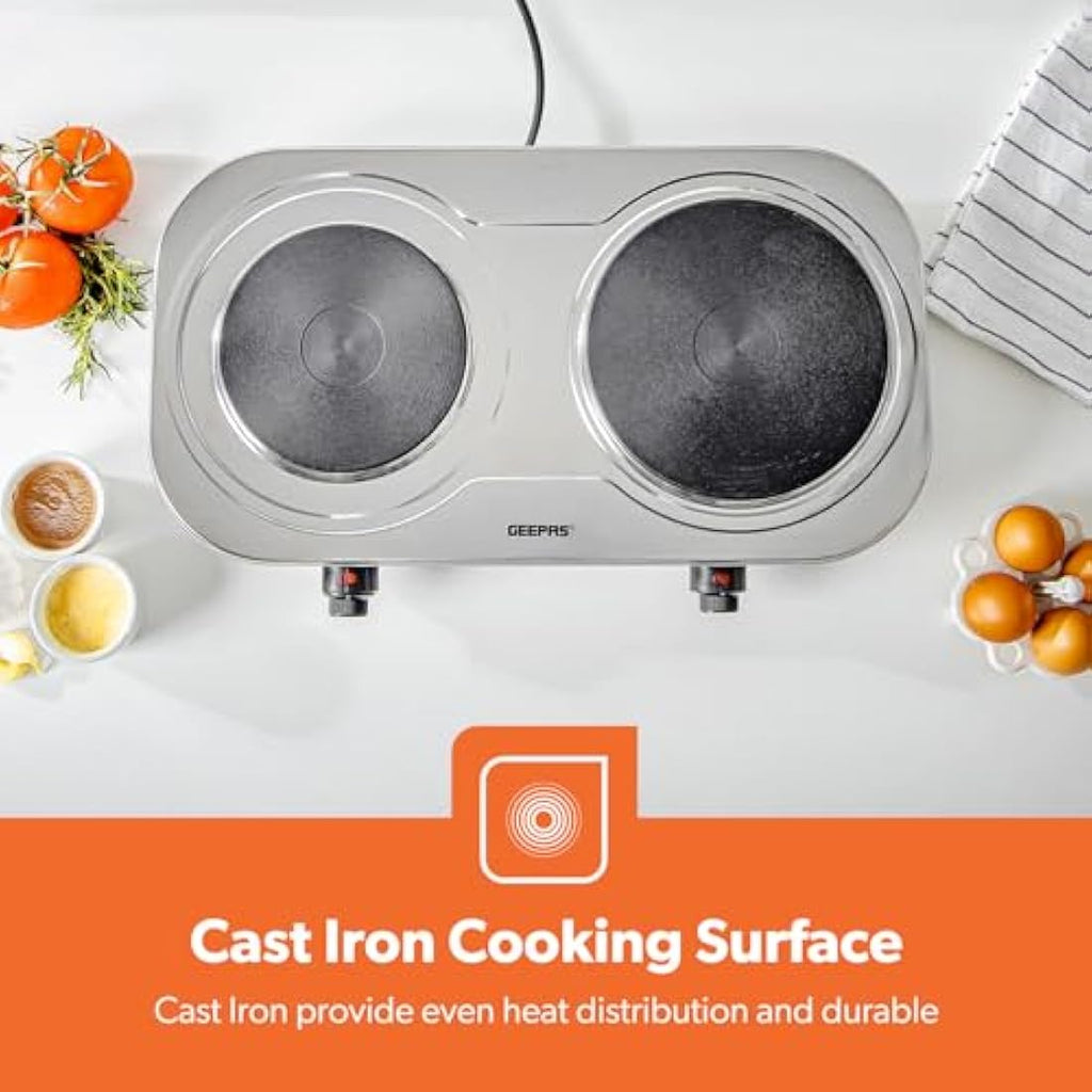 Geepas 2500W Double Hot Plate – Portable Electric Hob with Cast Iron Burners