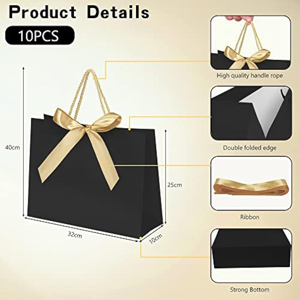 Luxury Paper Gift Bags with Gold Ribbon - 10 Pack, Black