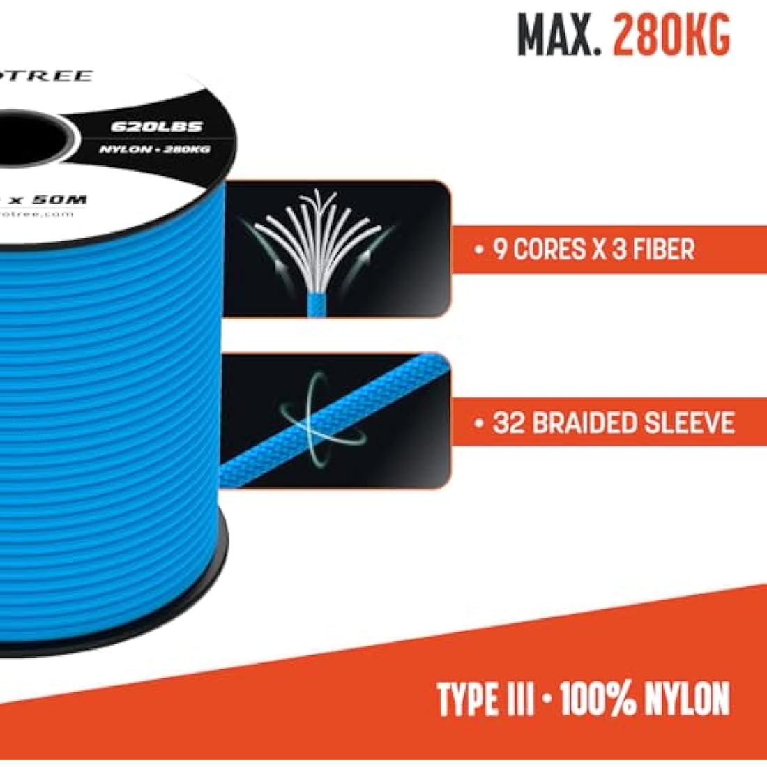 Brotree 4mm 9 Strand Nylon Paracord – 100M Type 3 Parachute Cord, Blue