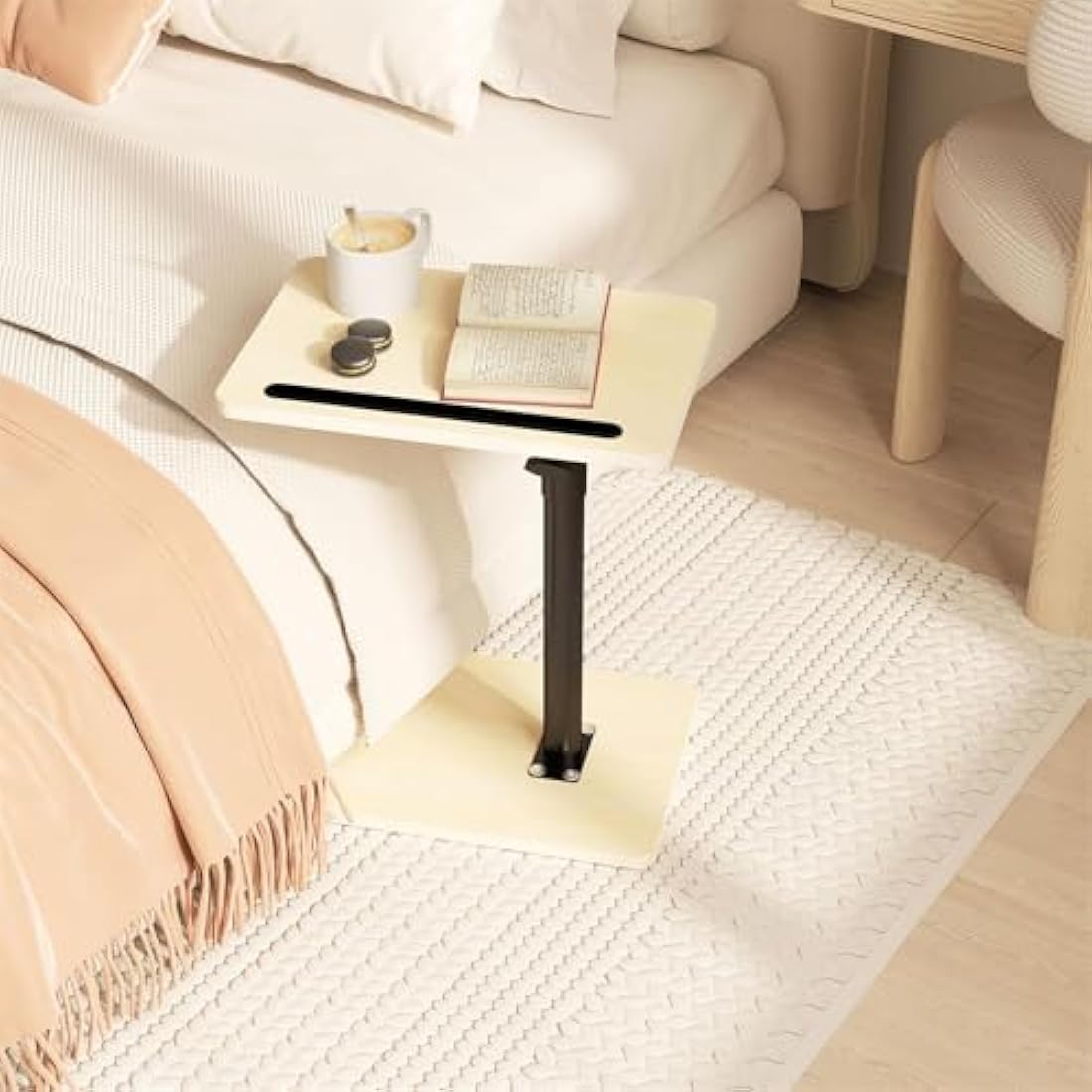 YUHFERA C-Shaped Side Table – Swivel Height Adjustable Oak White