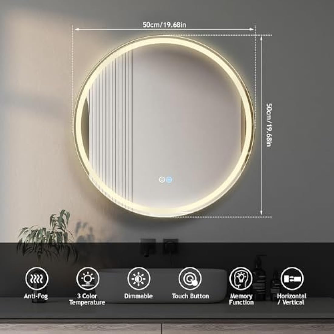 LED Bathroom Mirror | 500x500mm Dimmable Anti-Fog Vanity Mirror