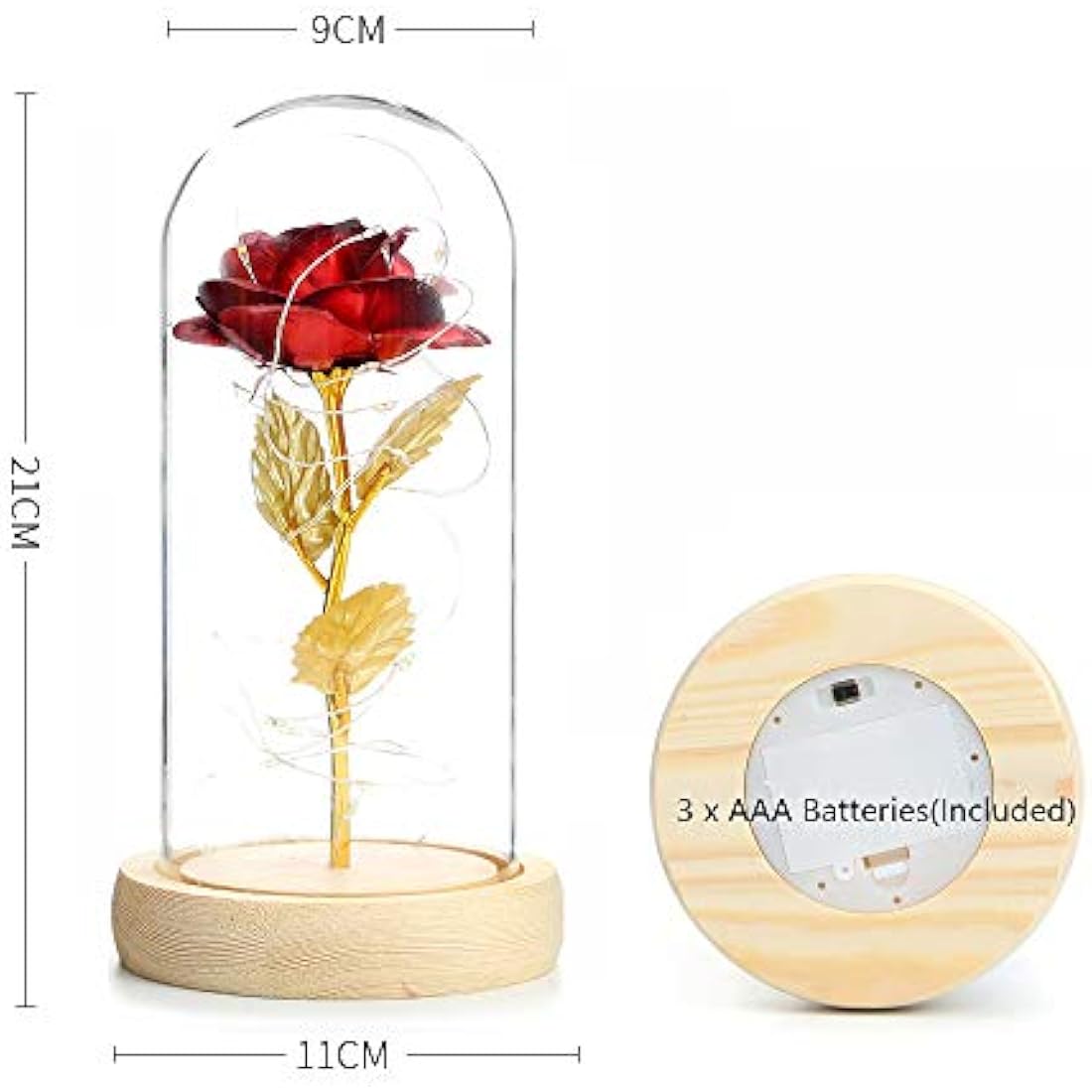 TINYOUTH 24K Gold Plated Red Rose in Glass Dome with LED Lights