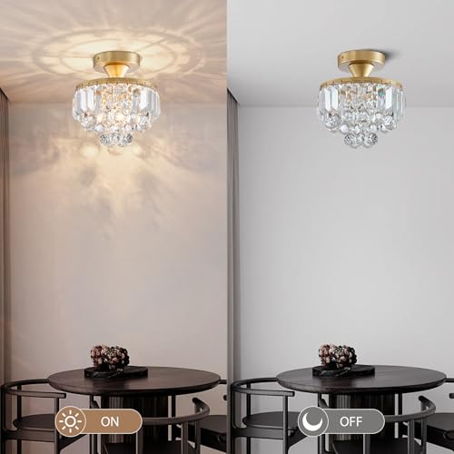 Bestier Modern Gold Crystal Semi-Flush Mount Chandelier – 23cm LED Light