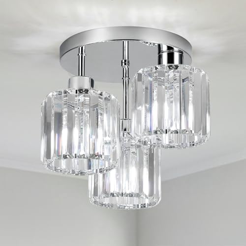 FORCOSO Modern Crystal Ceiling Light – 3-Light Chrome Semi Flush Chandelier