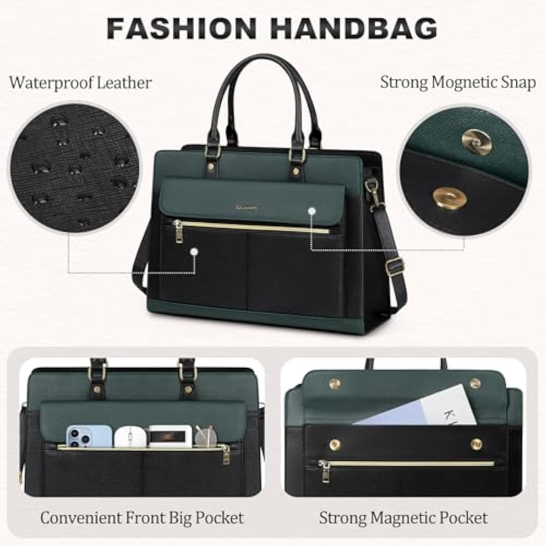 15.6 Inch Laptop Tote Bag | PU Leather Work Handbag - Green
