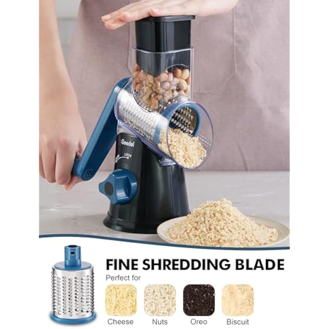 Geedel Rotary Cheese Grater | 3-Blade Manual Vegetable Slicer by Jolof