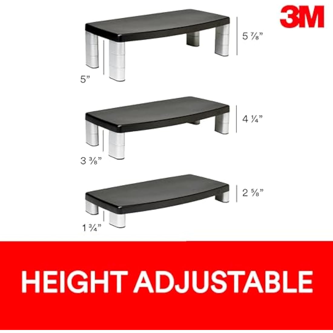 3M Adjustable Monitor Stand – Ergonomic Riser with 3 Height Levels