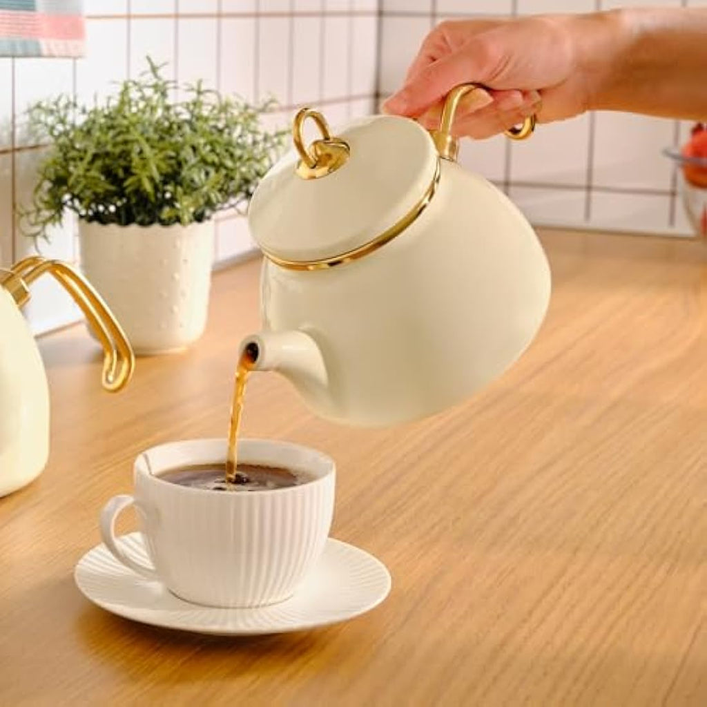 Karaca Retro Enamel Turkish Teapot Set | Induction Safe Kettle, Cream