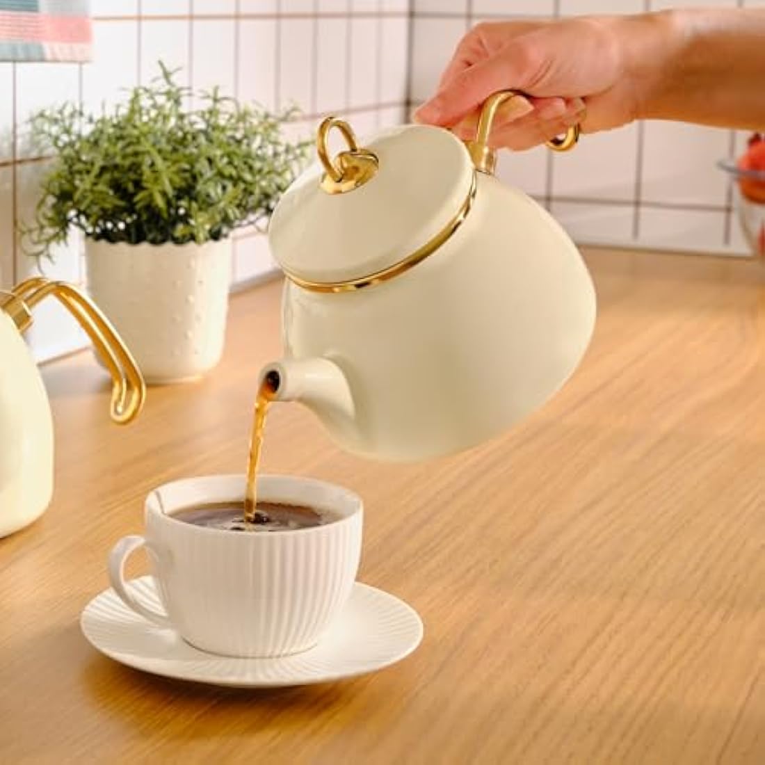 Karaca Retro Enamel Turkish Teapot Set | Induction Safe Kettle, Cream