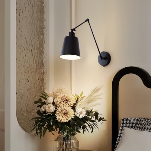 TYhogar Industrial Swing Arm Wall Sconce – Black Adjustable Bedside Lamp