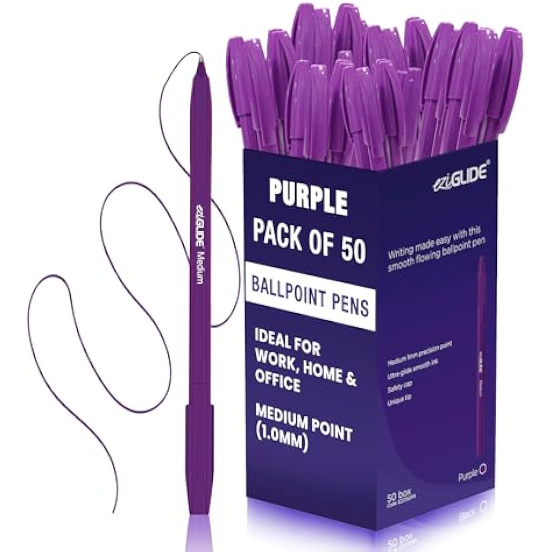 Eziglide Purple Ballpoint Pens – 50-Pack Medium 1.0mm Nib Bulk Set