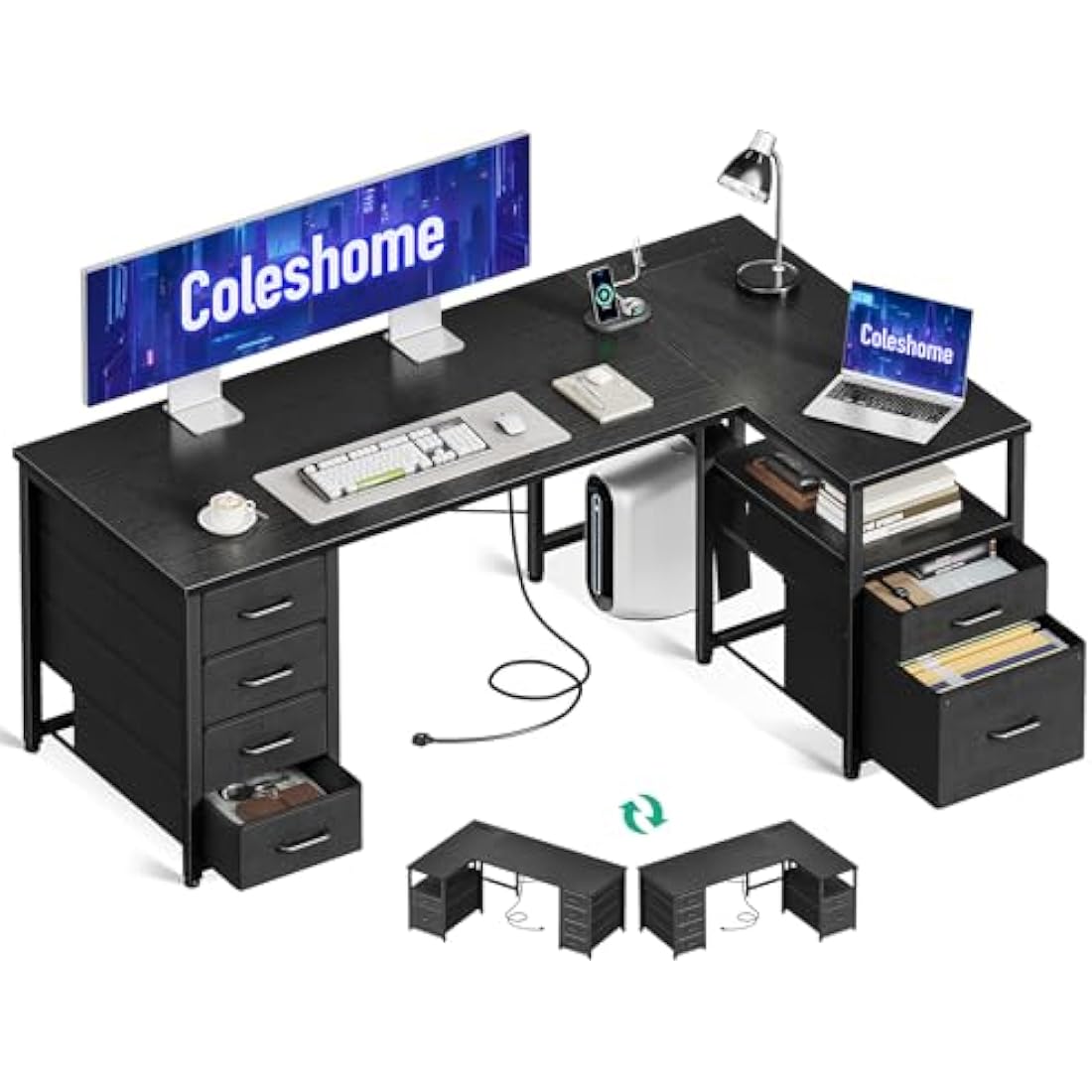 Coleshome L-Shaped Computer Desk with Power Outlet and 6 Drawers, Black