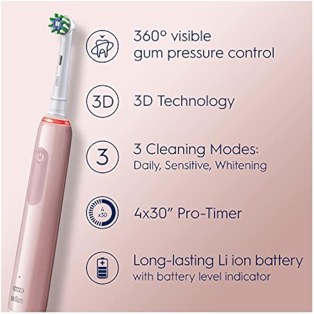 Oral-B Pro 3 Electric Toothbrush with Travel Case & 3 Modes – Pink