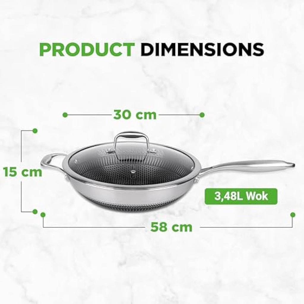 Nutrichef 12" Nonstick Wok – 30cm Stainless Steel Stir Fry Pan with Lid