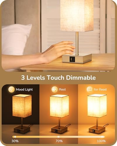 EDISHINE Touch Bedside Lamps Set of 2 | 3-Way Dimmable with USB A+C