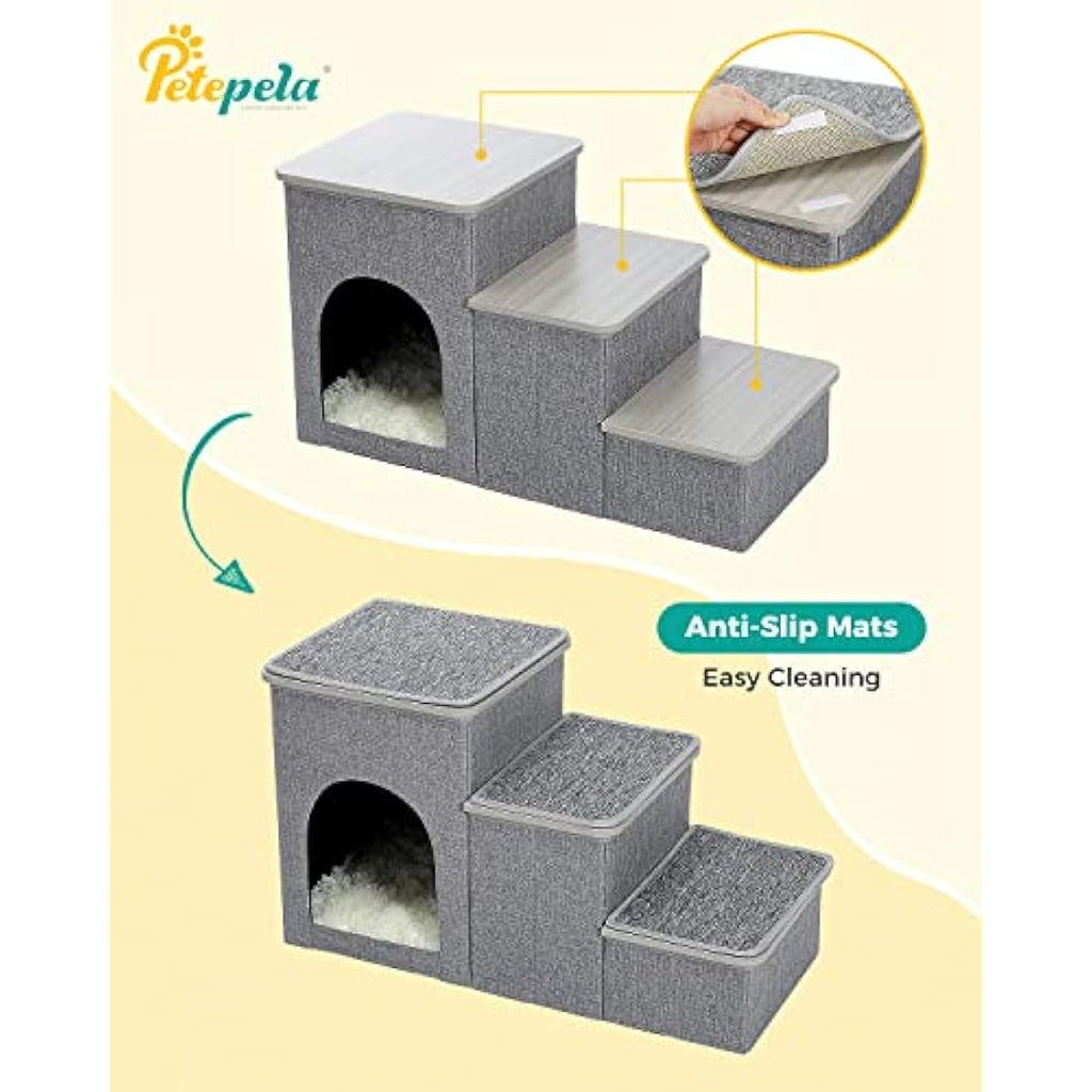 PETEPELA 3-Step Foldable Dog Stairs with Storage for High Bed – Grey