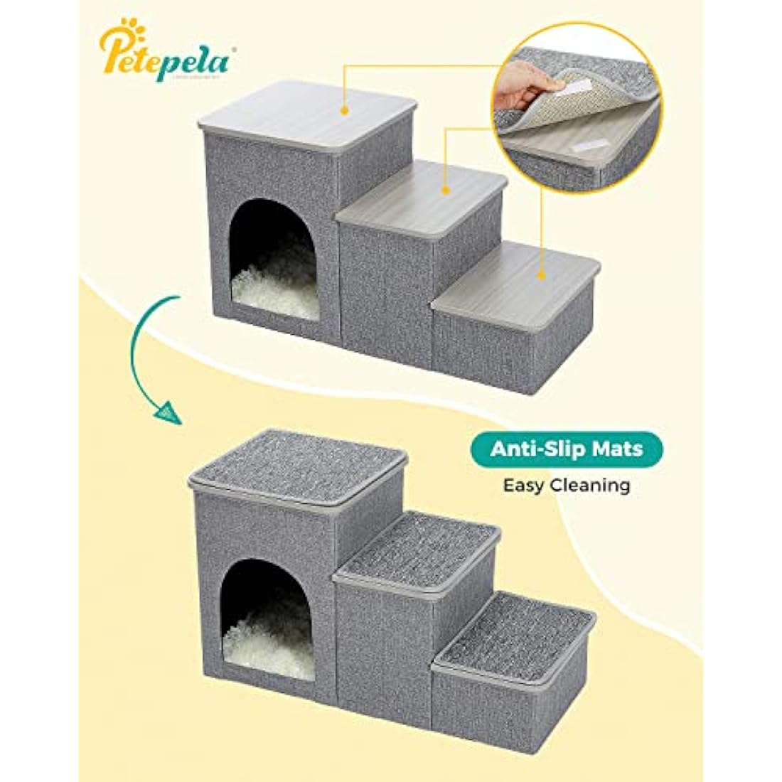 PETEPELA 3-Step Foldable Dog Stairs with Storage for High Bed – Grey