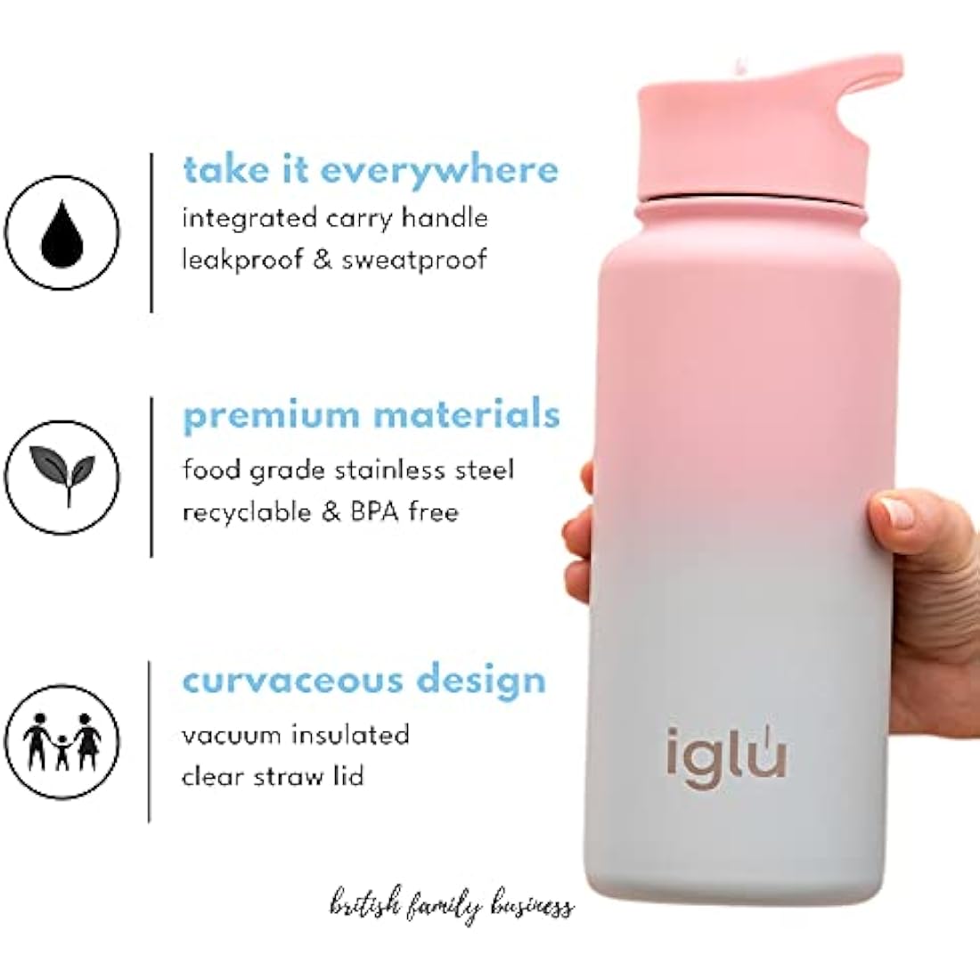 iglu 1L Insulated Water Bottle – Stainless Steel with Straw Lid