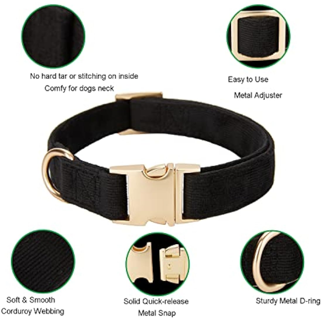 YUDOTE Soft Cotton Corduroy Dog Collar for Sensitive Skin - Black
