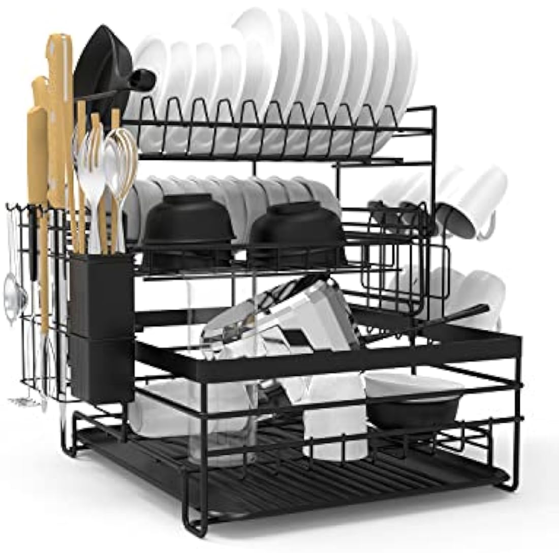 3-Tier Dish Drying Rack | Stainless Steel Sink Drainer, Black