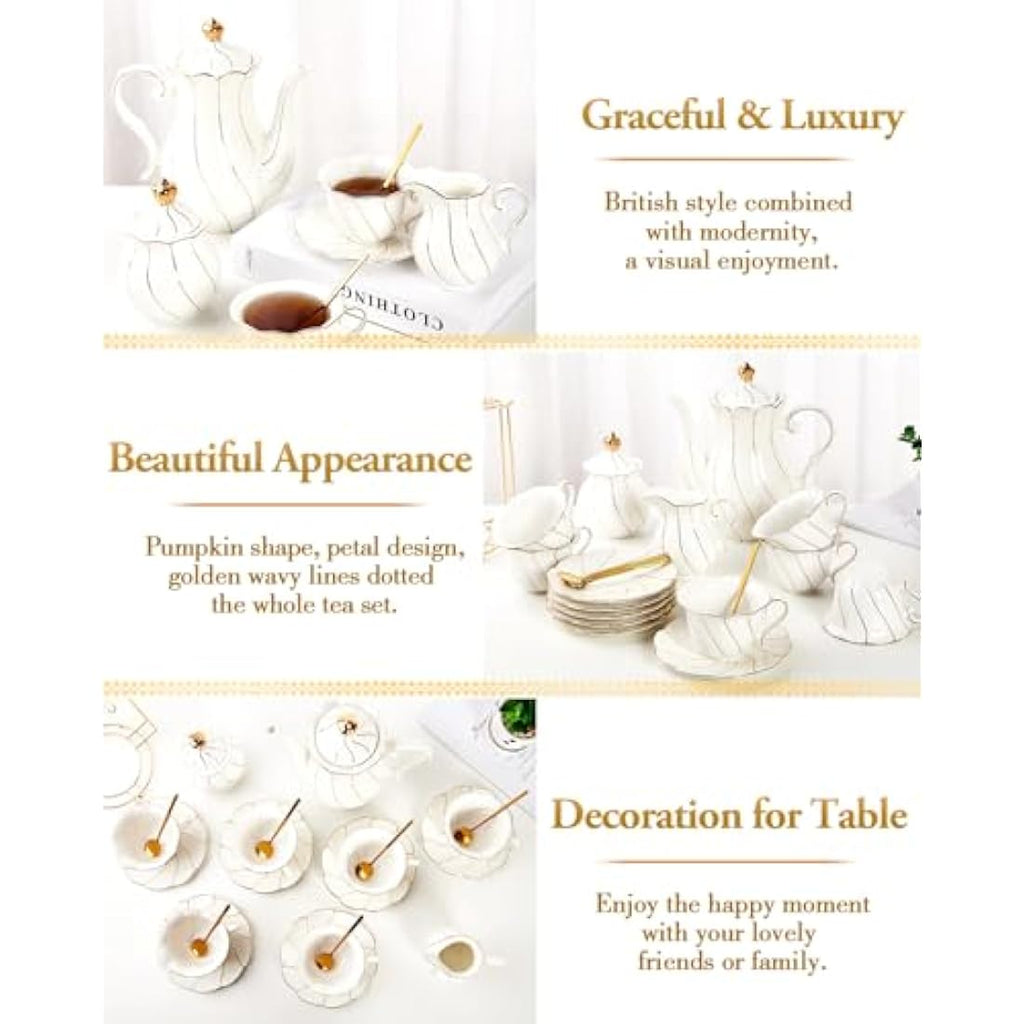 DUJUST 22-Piece White Porcelain Tea Set | Luxury British Style with Stand