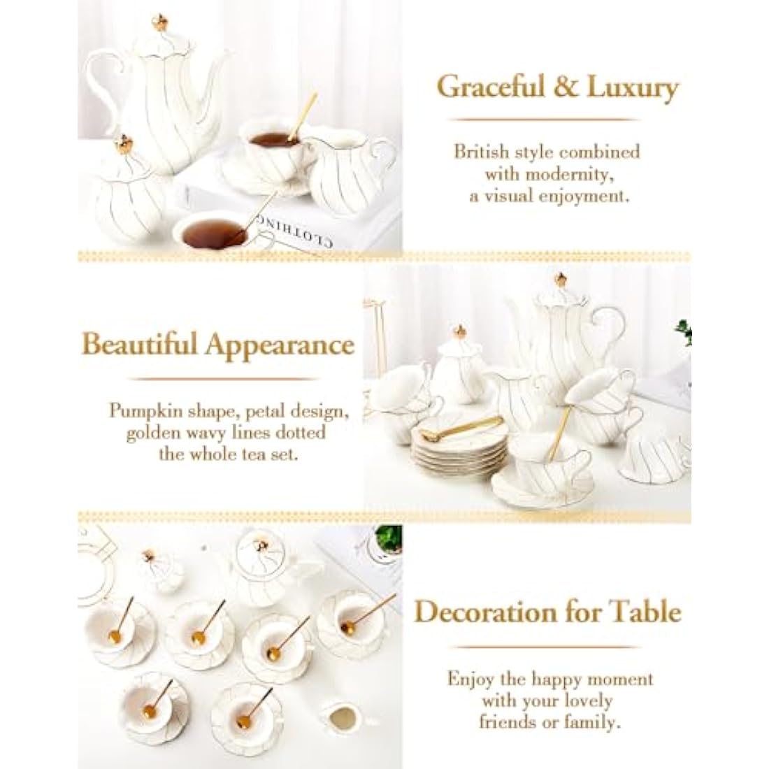 DUJUST 22-Piece White Porcelain Tea Set | Luxury British Style with Stand