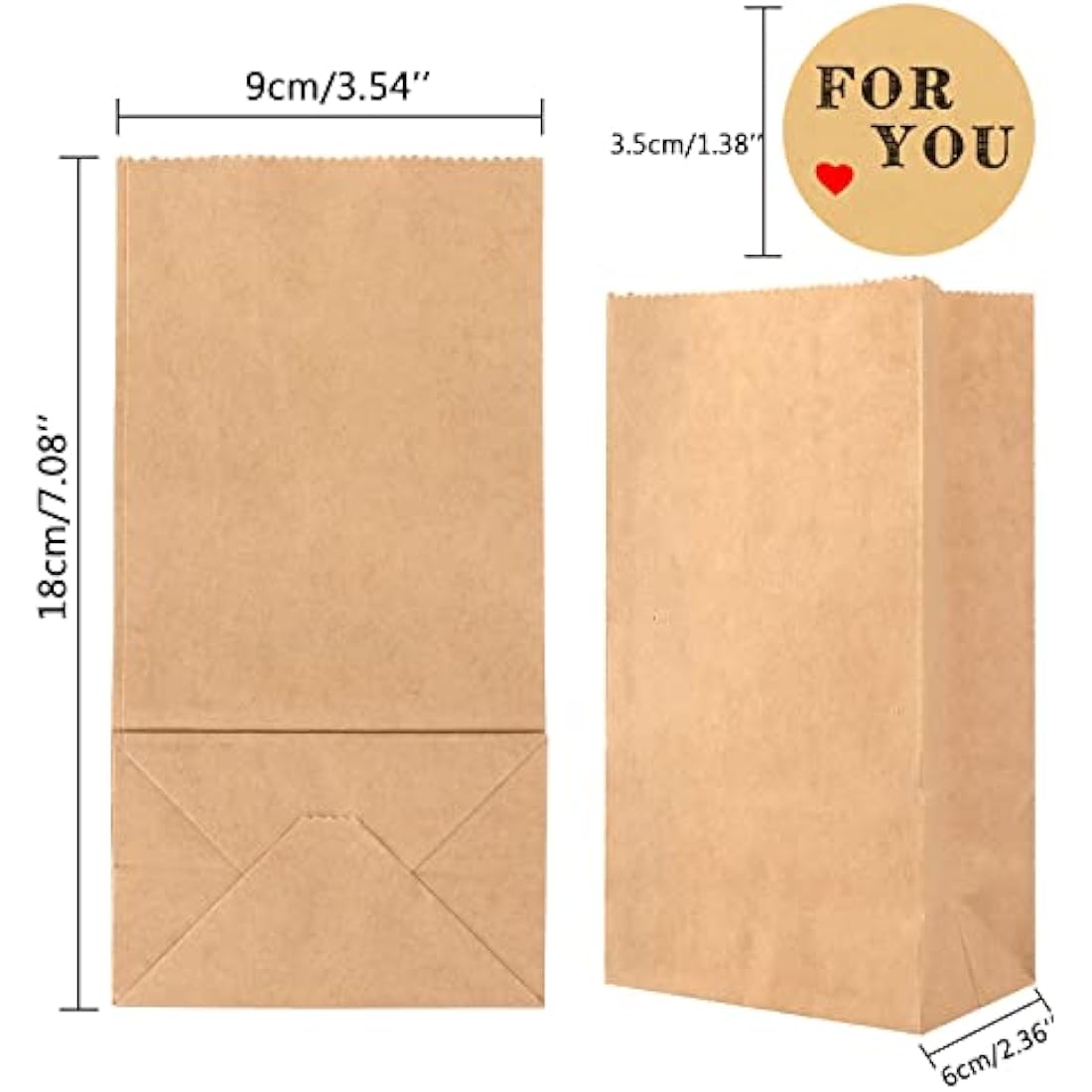 Jolof Store 50 PCS Brown Kraft Paper Bags with Stickers - 9x6x18 CM