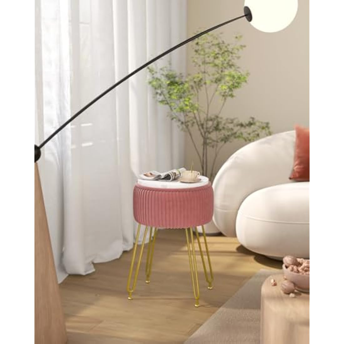 IBUYKE Velvet Storage Ottoman Stool with Gold Legs – Pink Vanity Chair