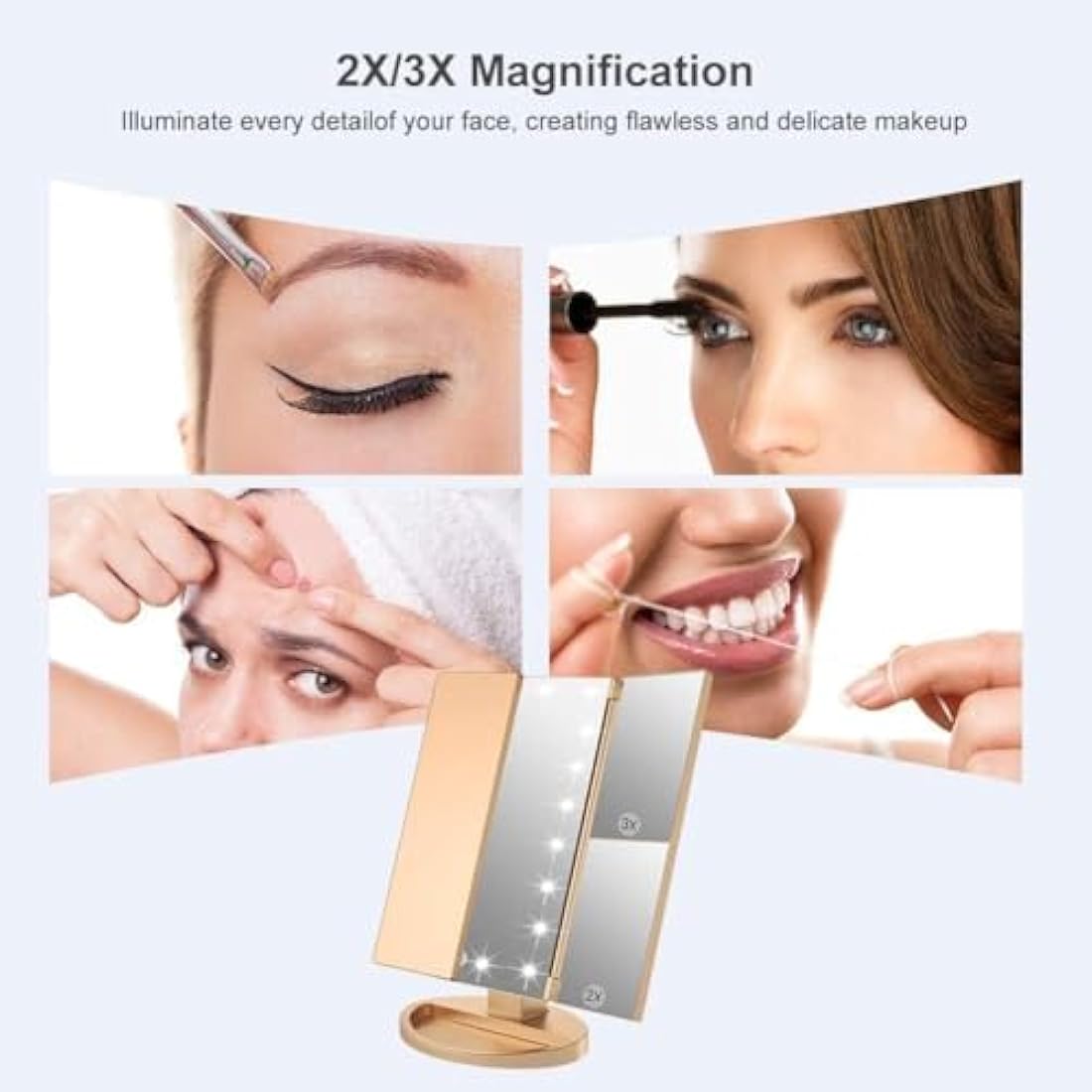 WEILY Tri-Fold LED Makeup Mirror | 2X/3X Magnifying Vanity Mirror - Gold