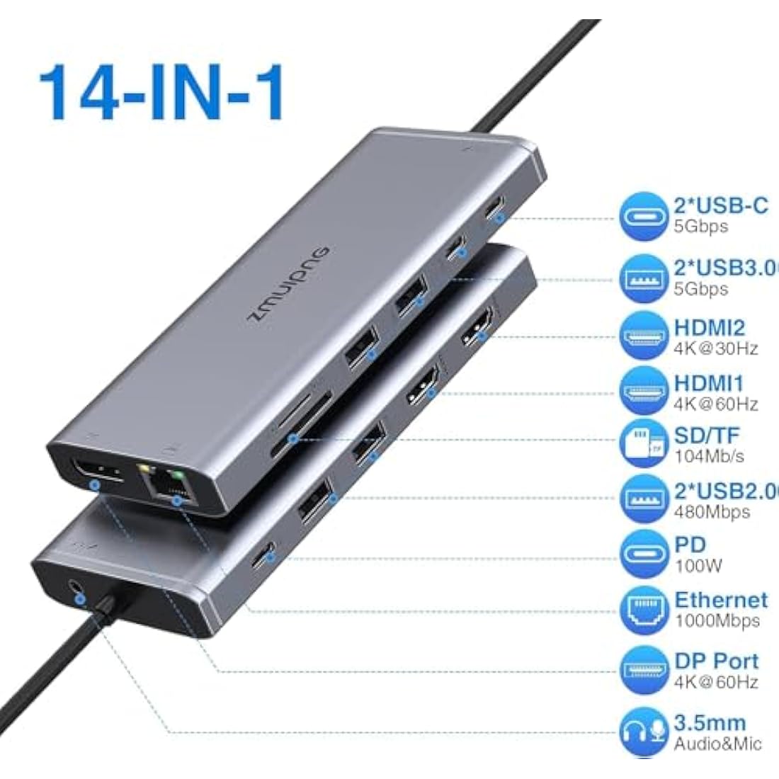 Jolof Store 14-in-1 USB C Docking Station – Dual 4K HDMI DP Thunderbolt