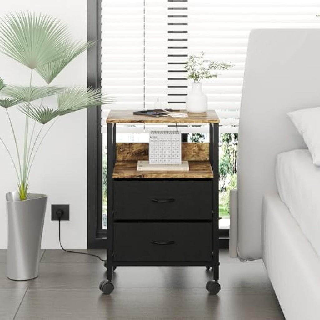 Lutown Bedside Table with Charging Station and 2 Drawers – Rustic Brown